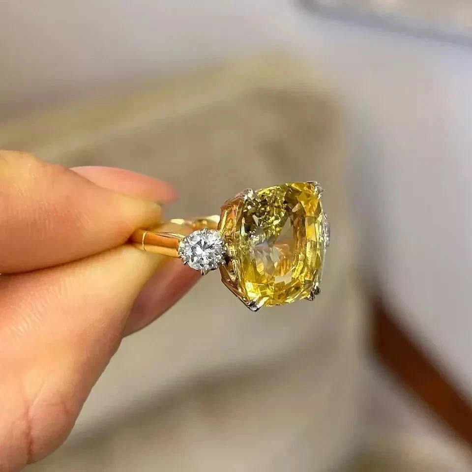 11.69 Ct Cushion Natural Yellow Sapphire Diamond Wedding Ring 14k Yellow Gold 7