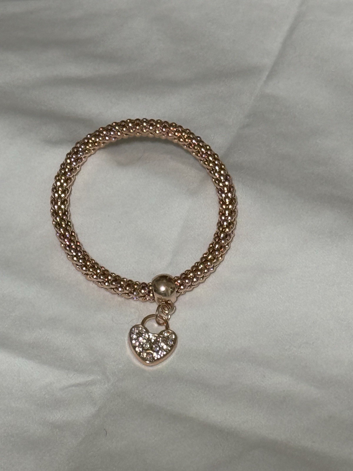 Rose Gold Rope Chain Adjustable Slide Bracelet w/ Pavé Crystal Heart Charm