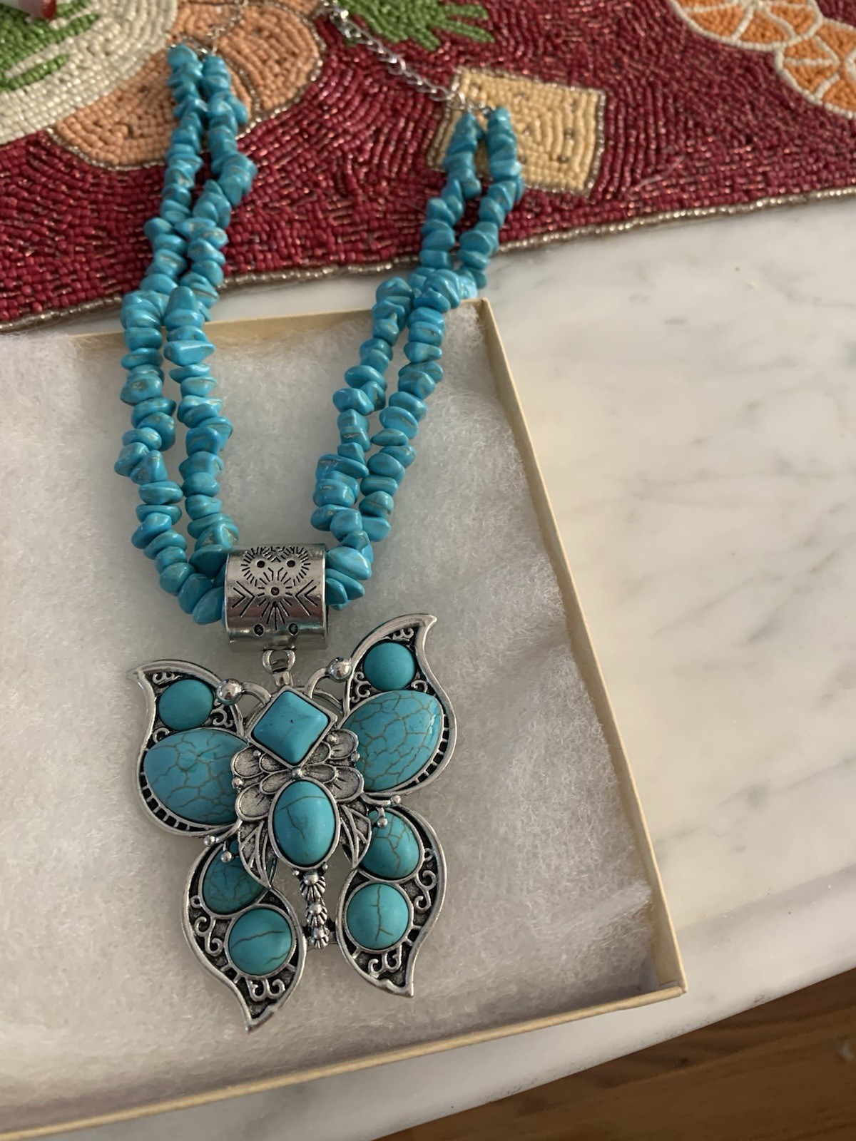 Turquoise Necklace Pendant With Butterfly 15 Inches Without Extender, 20 Inches