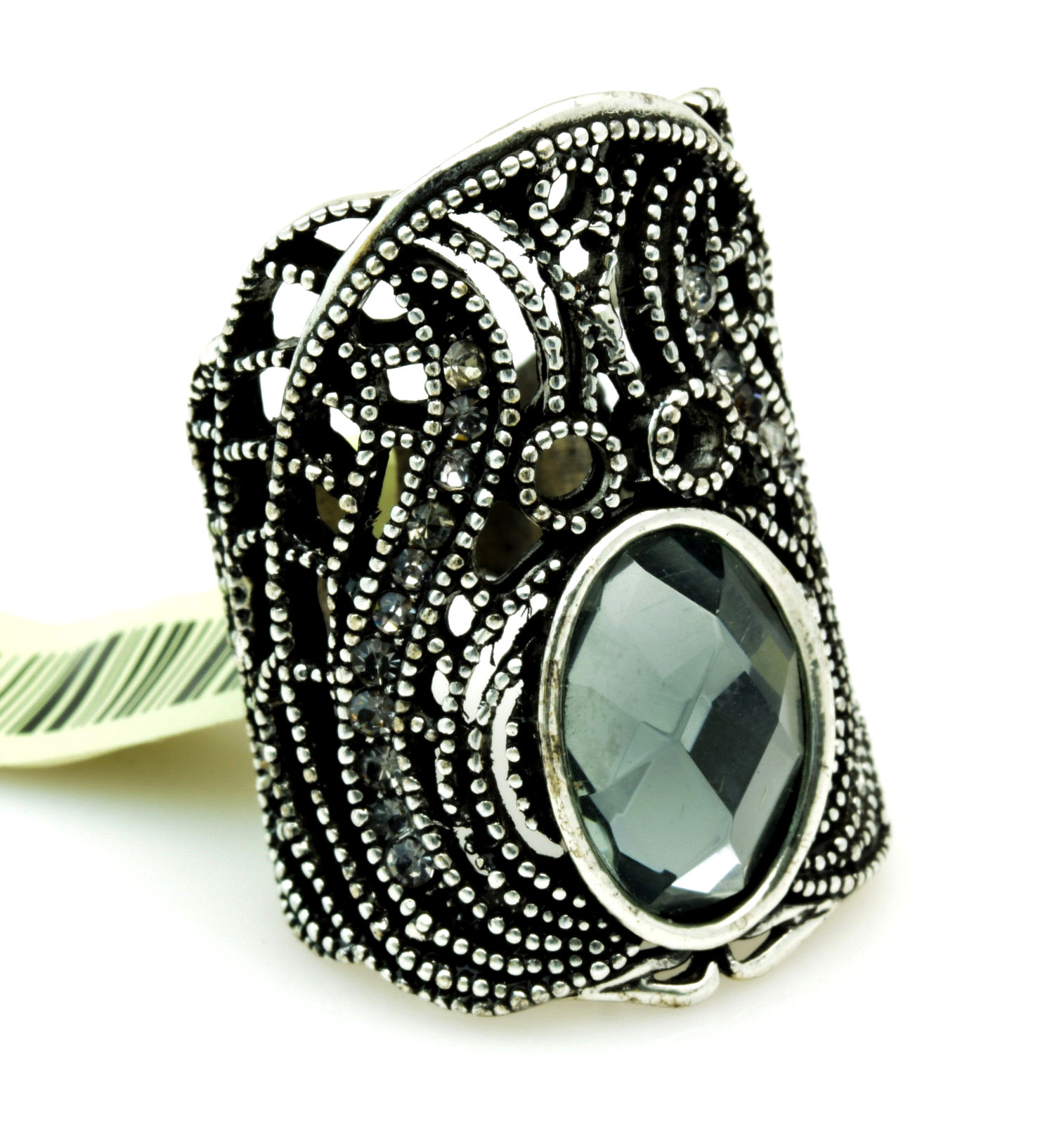 Size 7 Wide Cut Out Band Ring Smoky Silver Crystal Clear Channel Set CZ Accents