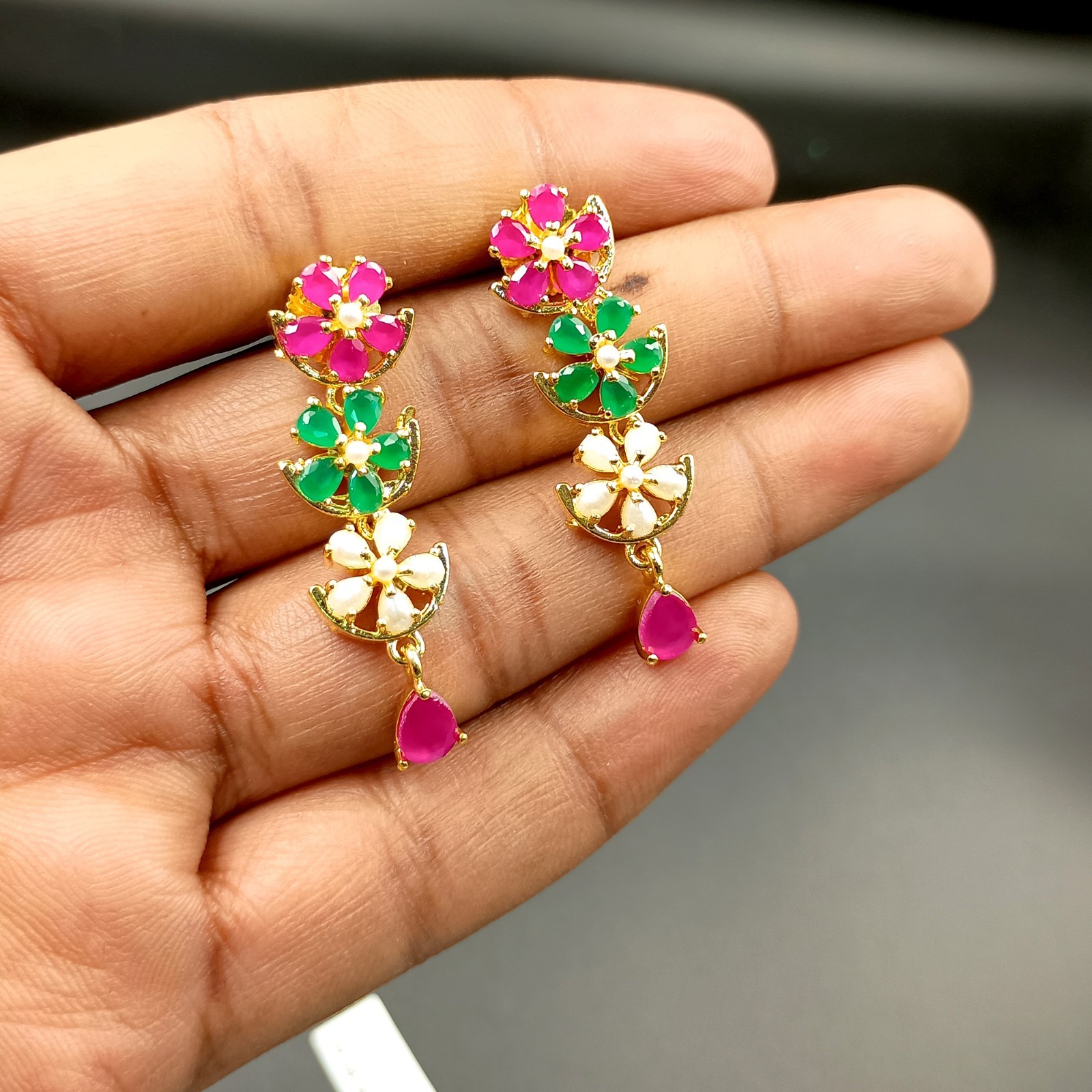 Vintage Flower Ruby Emerald Pearl Jewelry Set 22K Gold Plated Necklace Wedding G