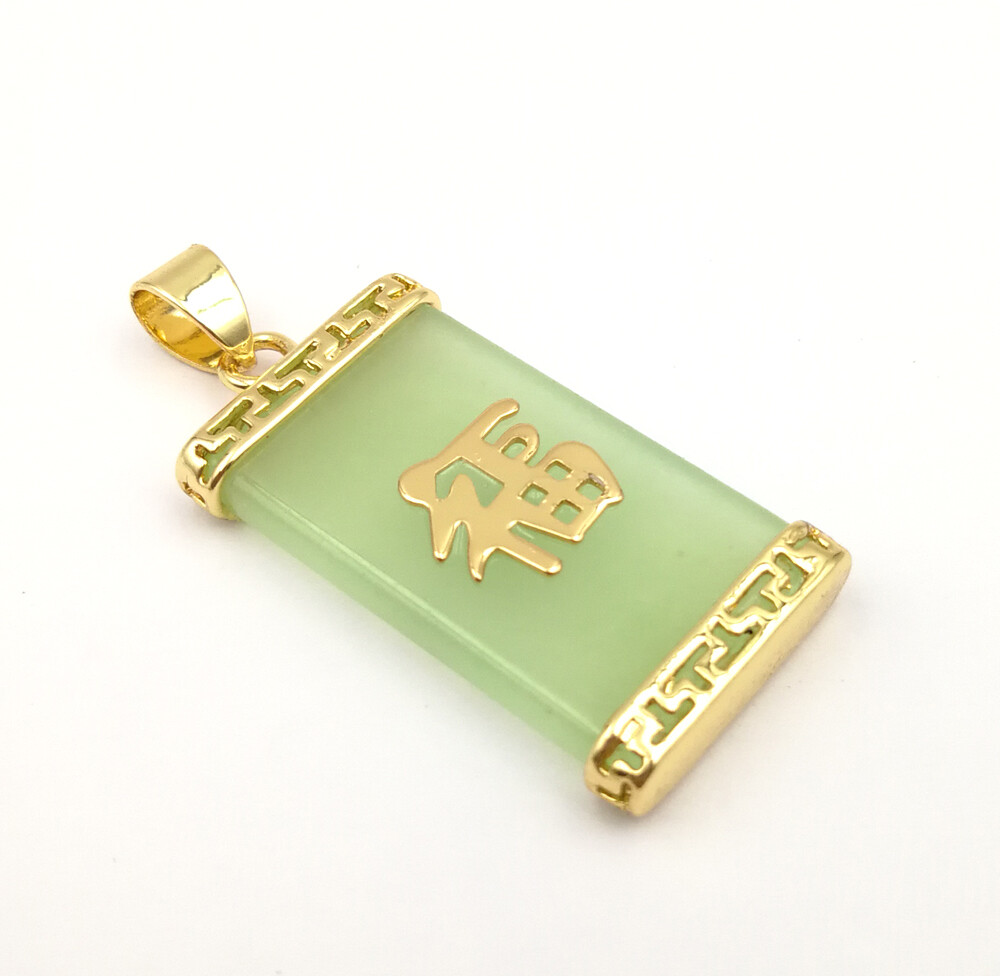 Green Multicolor Genuine Jade Blessing Fortune 18KGP Rectangle Pendant Necklace