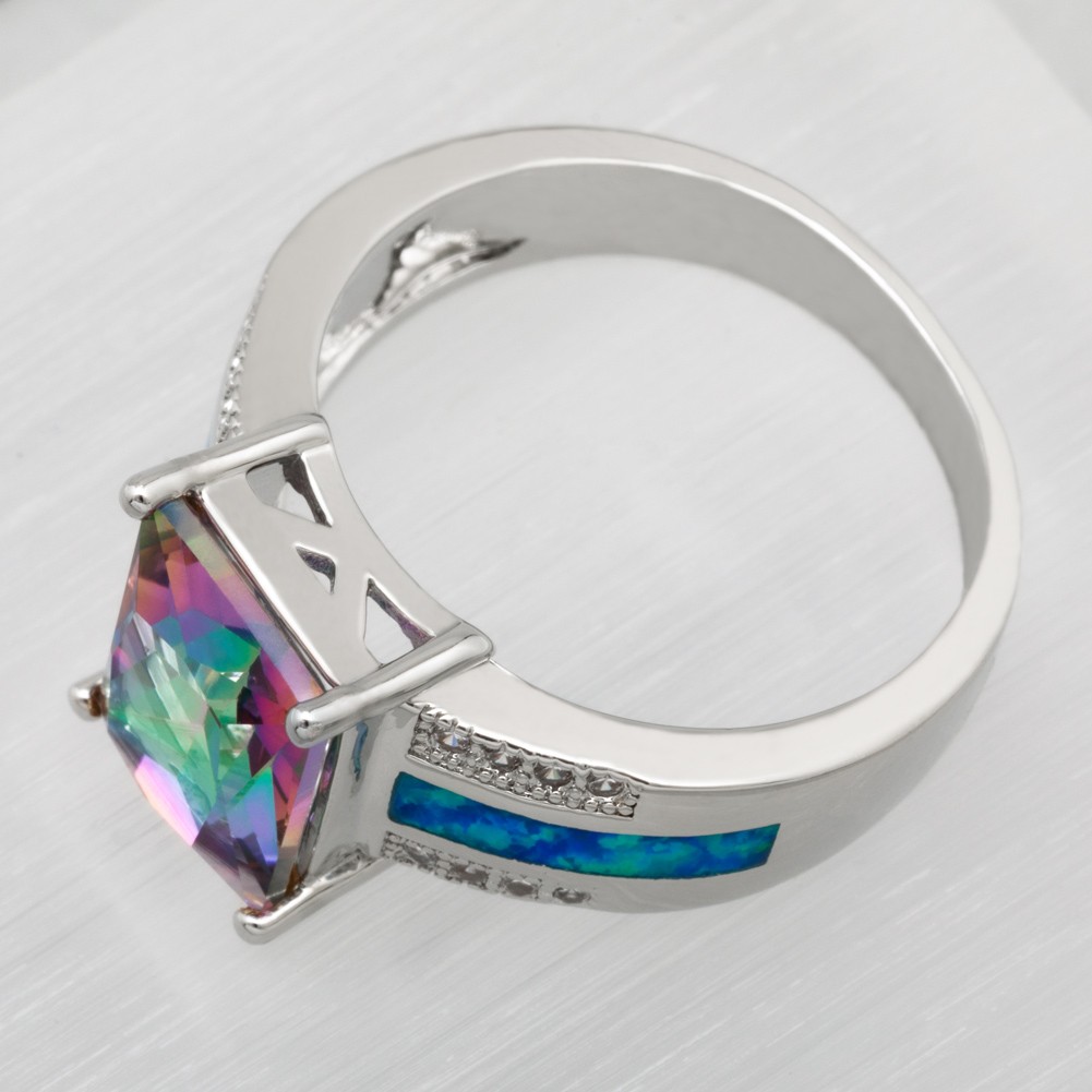 8×10 Rectangle Mystic Topaz Blue Fire Opal Silver Jewelry Women Ring SZ 7 8 9