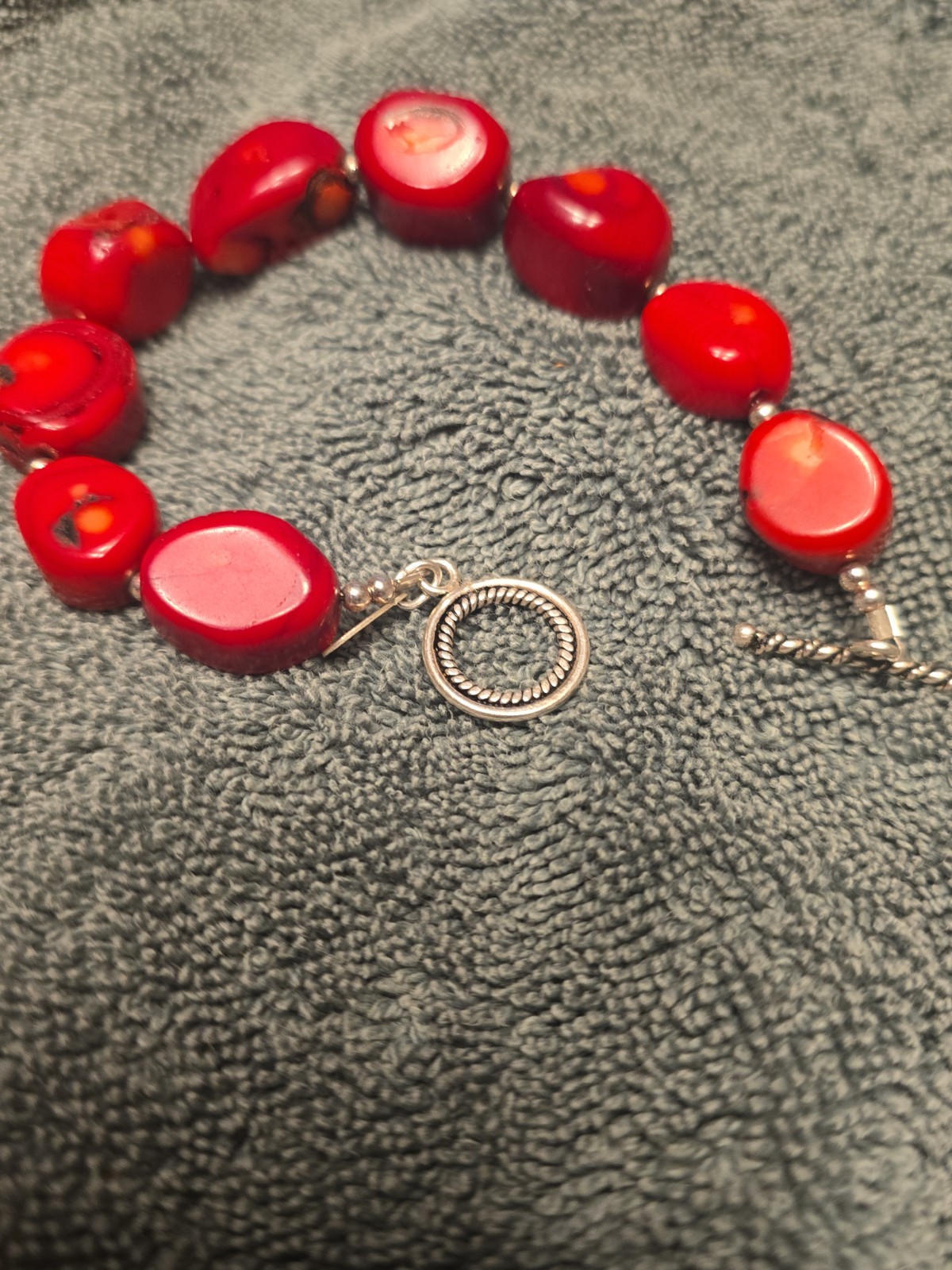 Donna Dressler, Coral Bracelet Silver Tone Toggle Clasp Polished Untreated