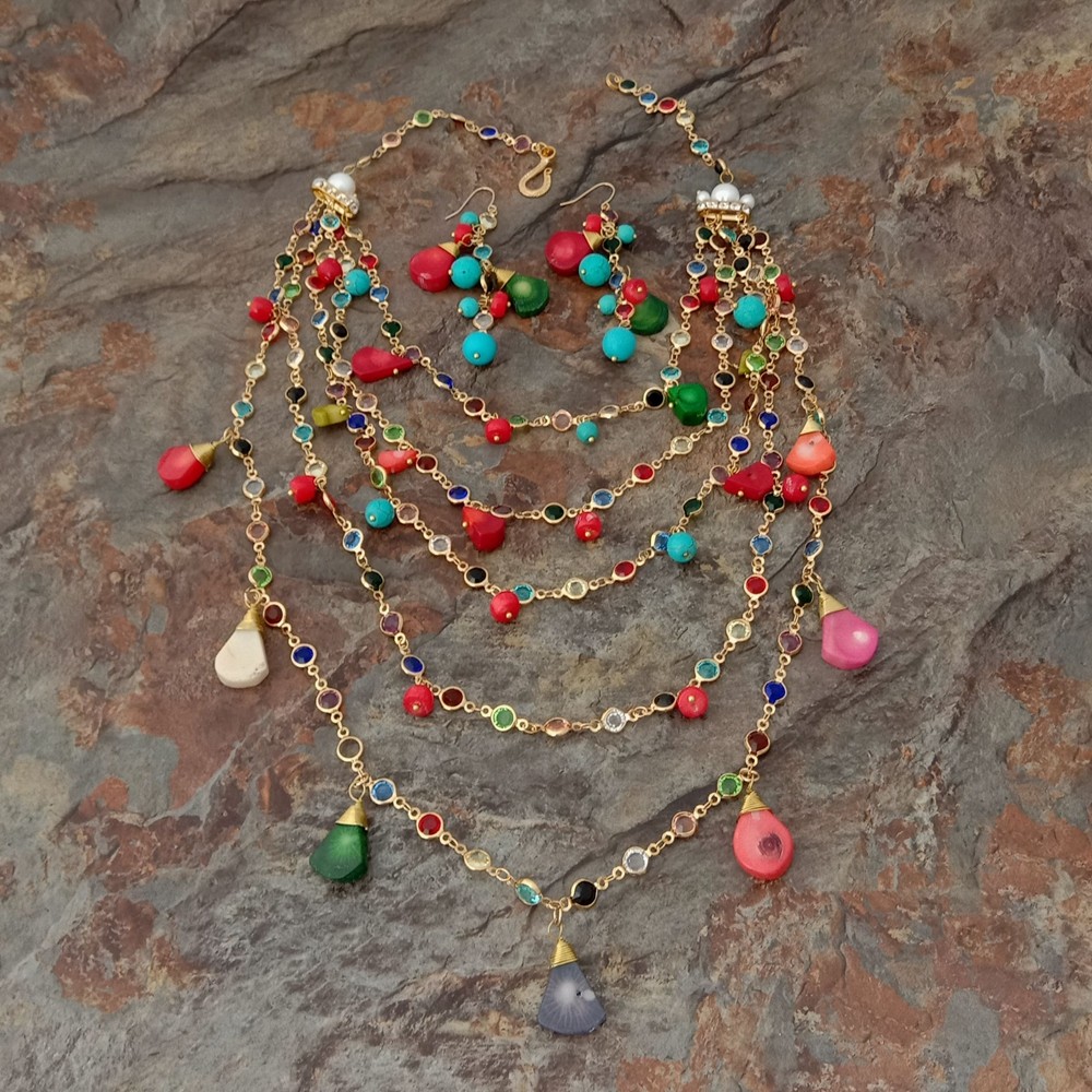 18” 5 rows Multi Color Coral Turquoise Pearl Chain Necklace Earrings Set