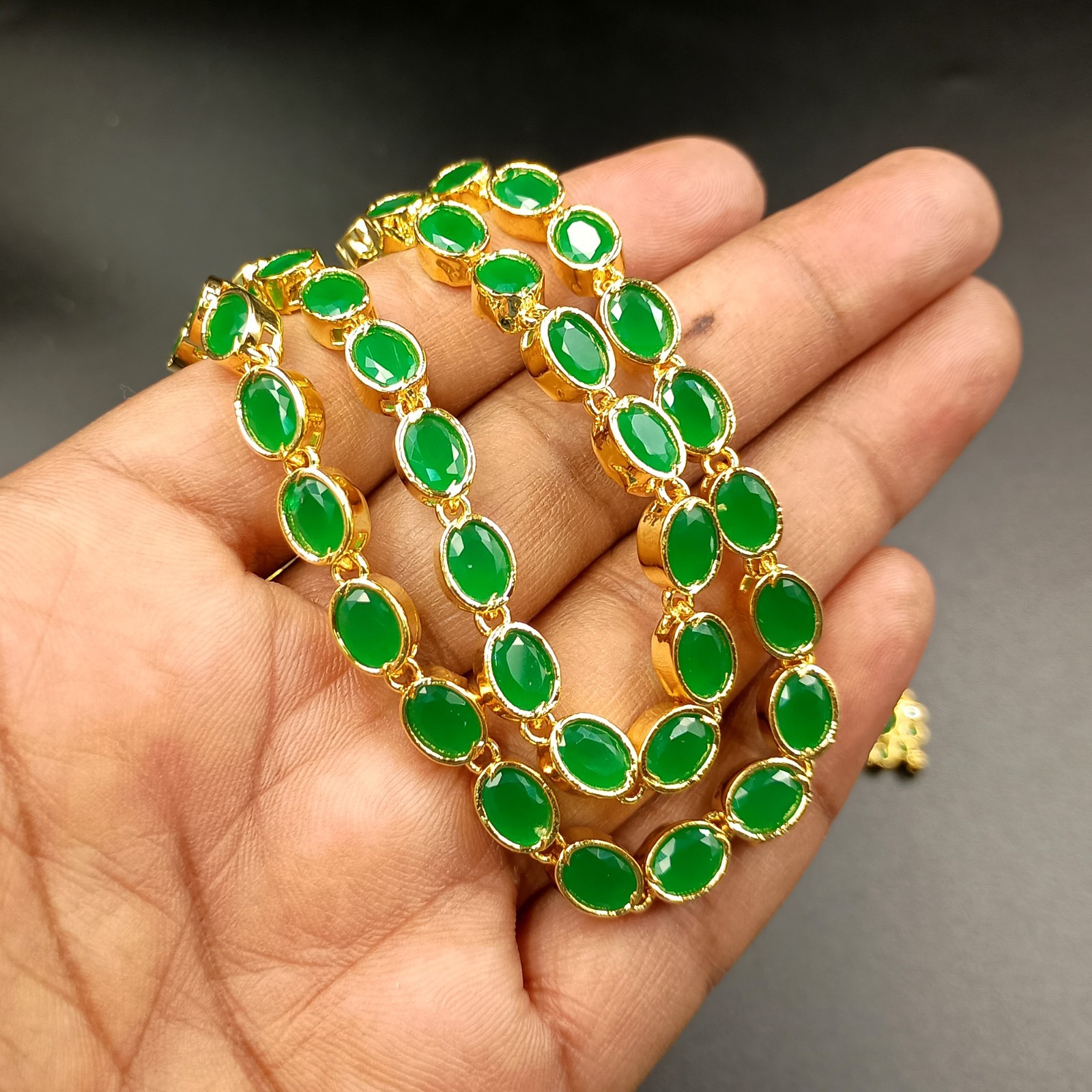 Vintage 2 Layer Green Emerald Choker Necklace Earrings Set 22K Gold Plated Gift