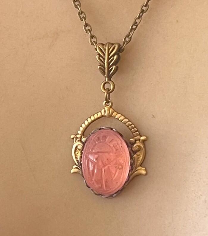 Egyptian Revival Necklace Scarab Pink Czech Glass Brass Filigree Pendant