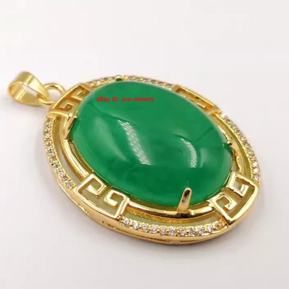 New Yellow Plated Alloy Heated Oval Green Jade Pendant 40mm H Bright