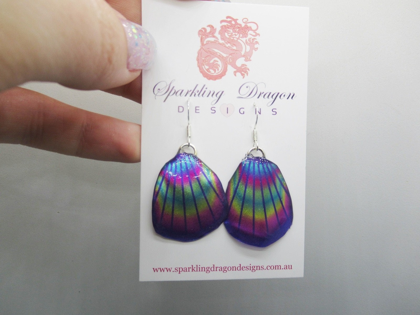 Butterfly Wing Earrings Blue & Rainbow Lines- Fairy Jewellery, Fun Gift for her