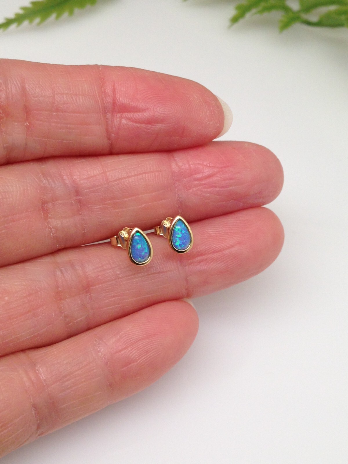 Blue Opal Teardrop Stud Earrings Sterling Silver 925 Dainty Studs Gold 5.9mm