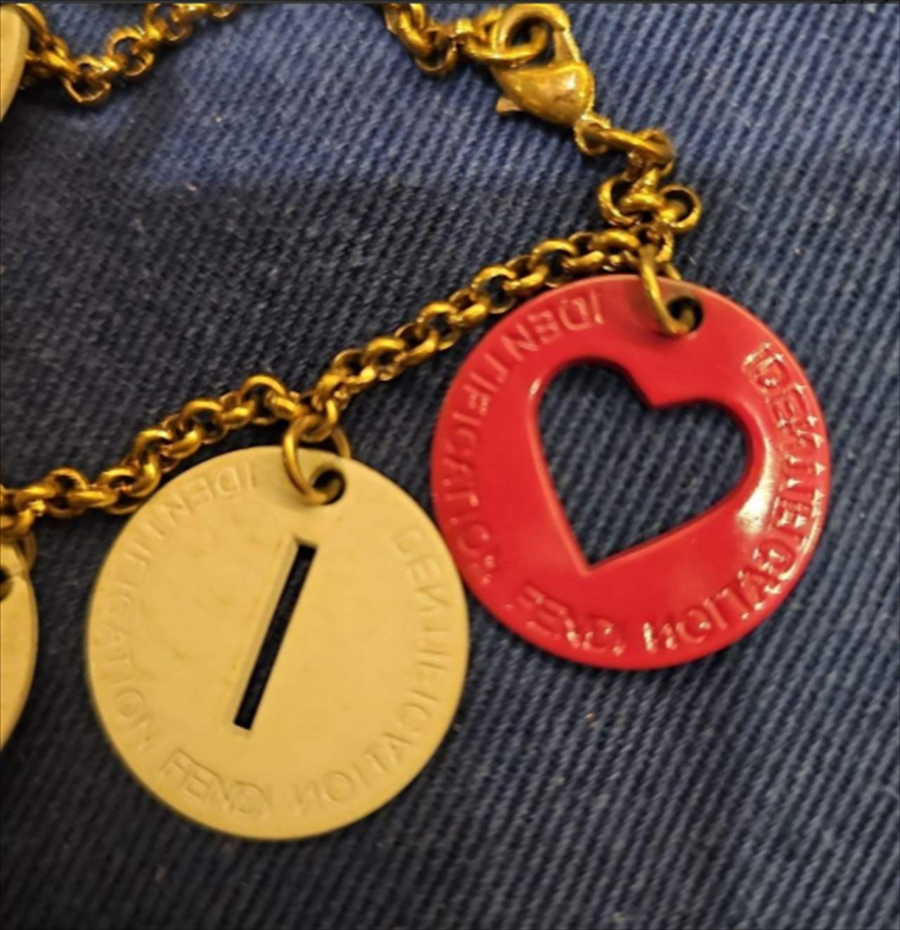 FENDI Chain Bracelet Logo ID Charm Red Heart Lobster Clasp Gold Vintage