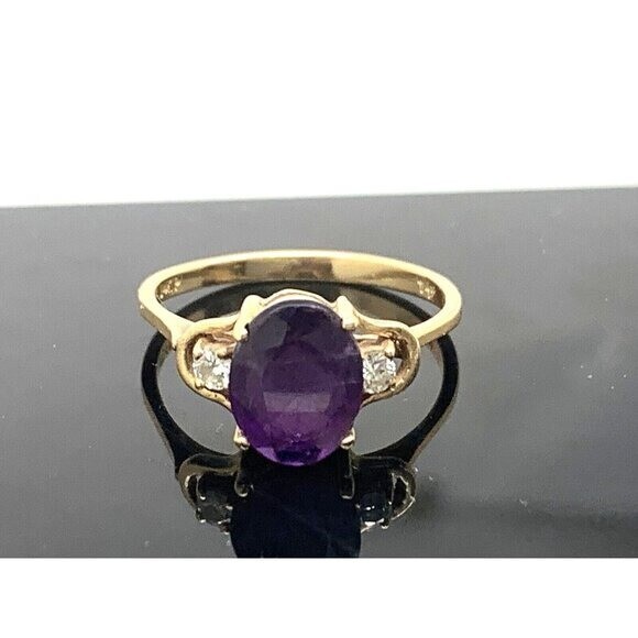 Purple Gemstone Diamond Cocktail Ring 14k Yellow Gold Women’s Estate Size 6.5