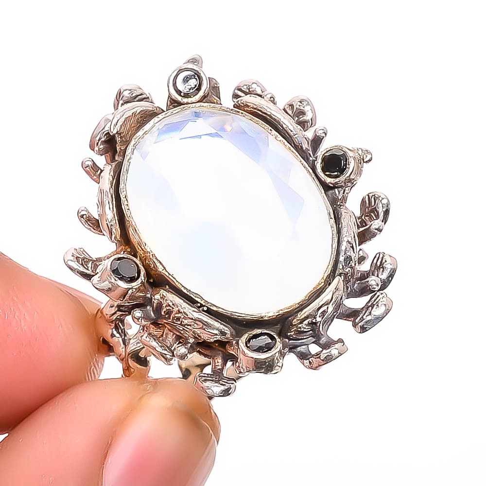 Milky Opal & Black Onyx Silver Handmade Turkish Ring s.8 R116-43