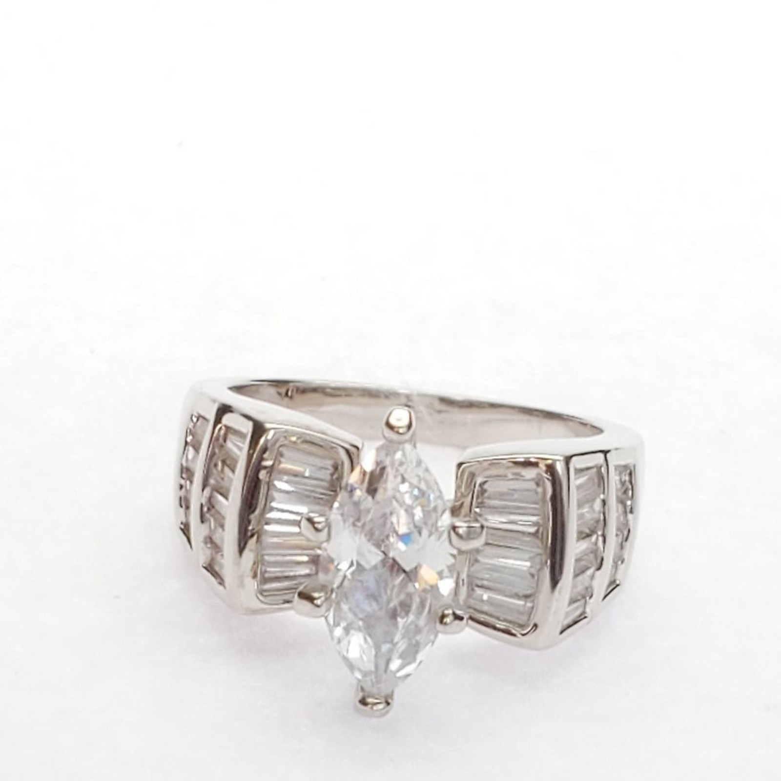 Silver Rhodium Plated Marquise Solitaire Ring Size10