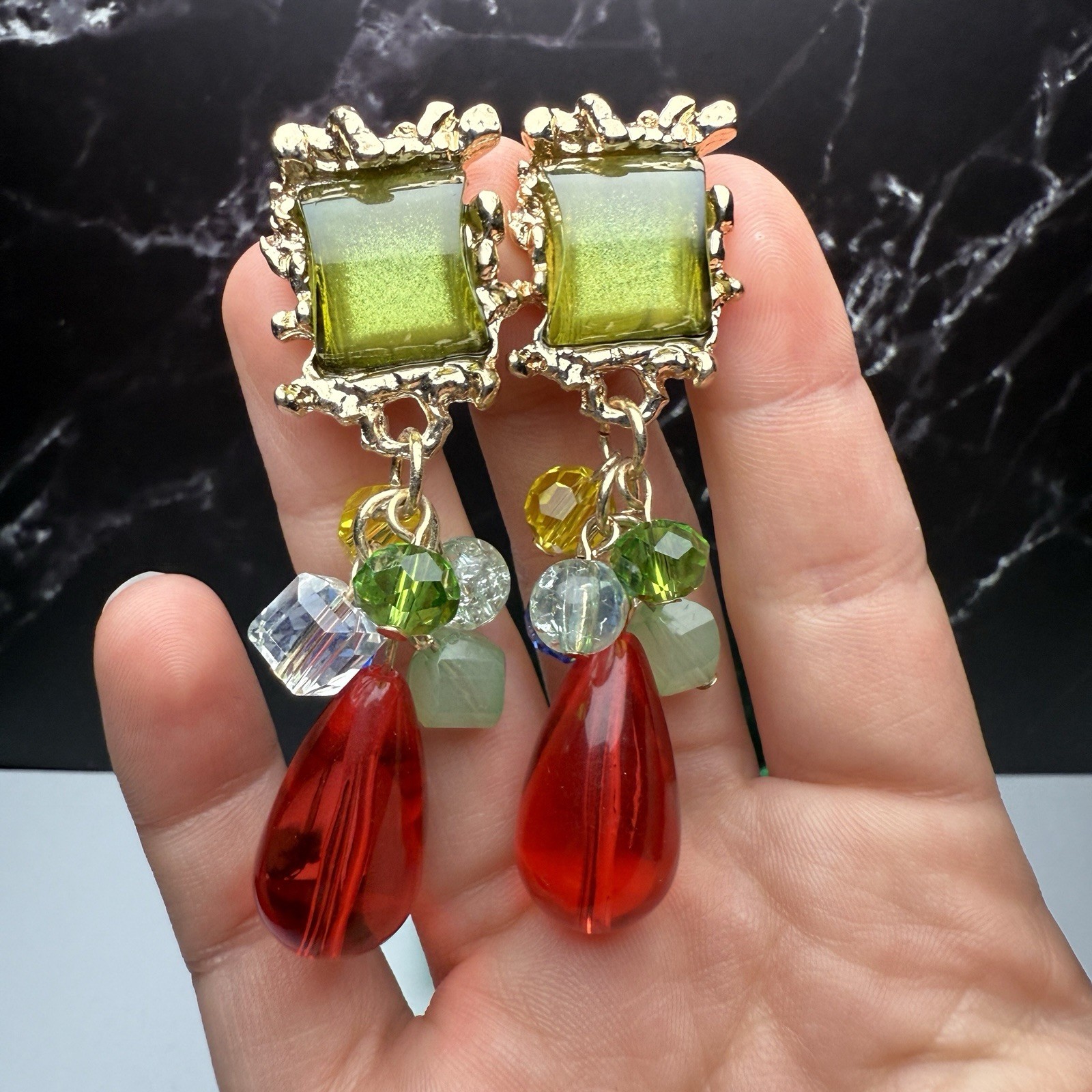 Beaded Dangle Drop Gold Tone Clip-on Earrings Red Green Blue Yellow Multi Color