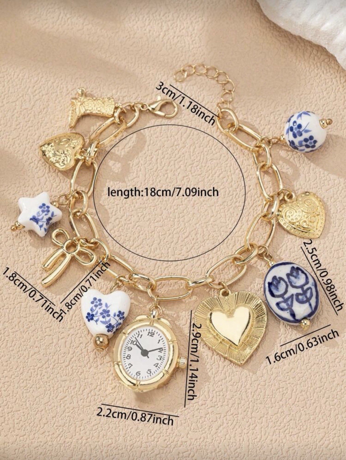Gold Charm Bracelet with Clock, Heart, Bow, Ceramic Beads, Cowgirl Boot Jewelry