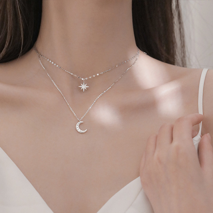 Layered Star Moon CZ Pendant 925 Sterling Silver Choker Necklace Women Gift PE55