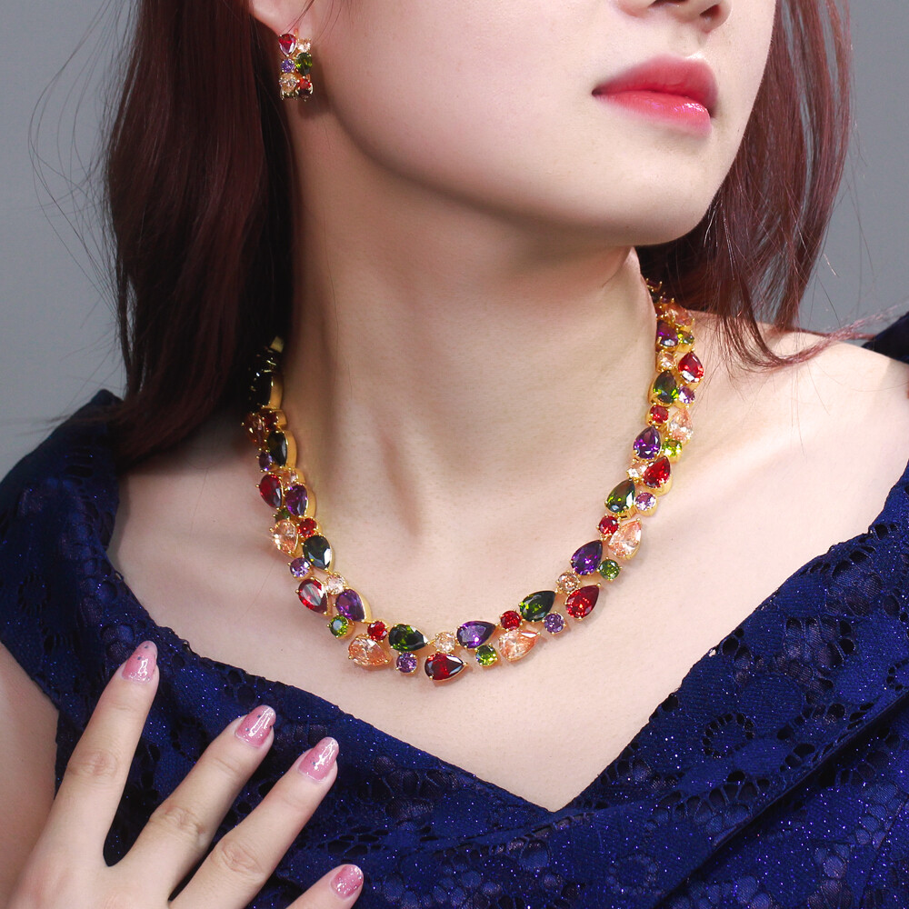 Charm Gold Plated Multicolor Cubic Zirconia Necklace Earrings Bridal Jewelry Set