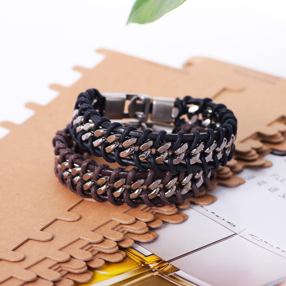 Braided Leather Silver Stainless Steel Cuban Chain Men’s Bracelet Bangle