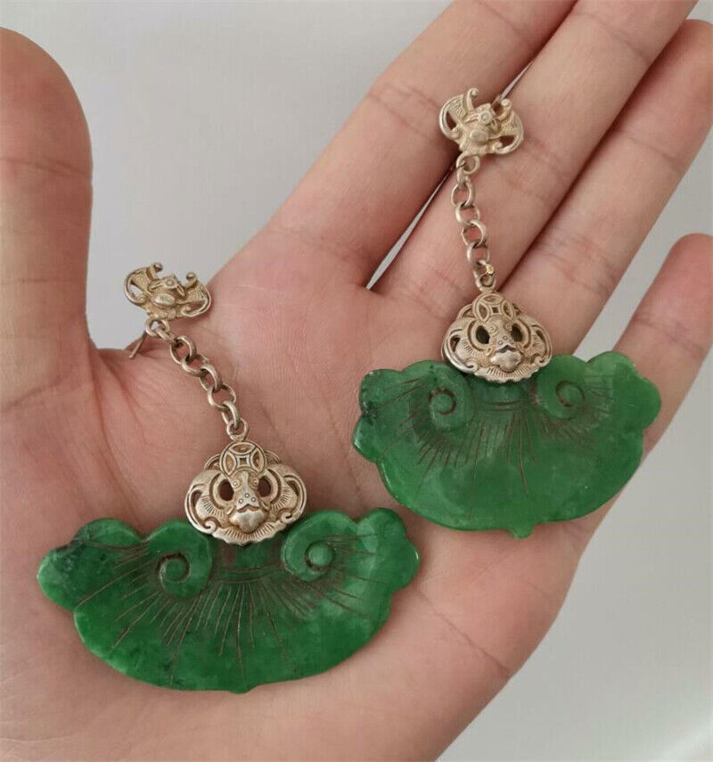 Chinese Antique Tibetan Silver Inlaid Natural Jade Earrings Lucky Jewelry Gifts