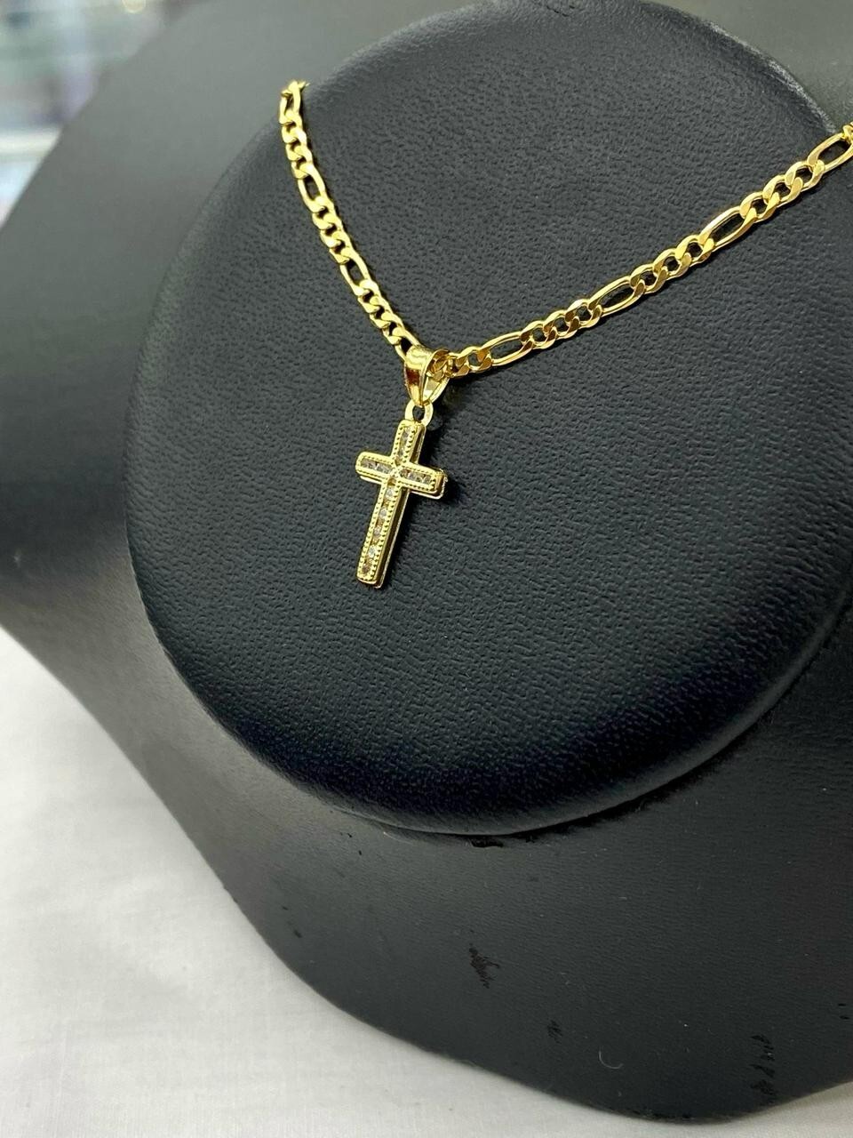 14K Gold Filled Tiny CZ Cross Pendant Necklace Womens 17x10mm Figaro Crucifix