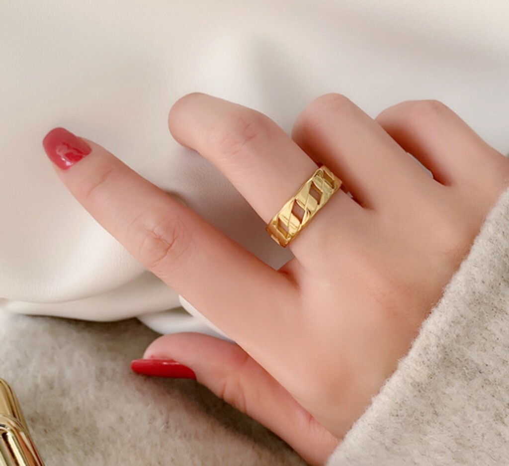 Women / Girl Gold Plated Titanium Stainless Steel Gold Cuban Link Chain Ring 6-9