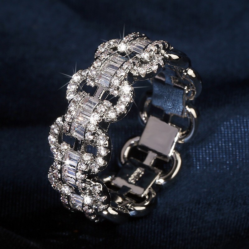 925 Sterling Silver Ring Zircon Women Men Sterling Stone Rings Chain Link Gift