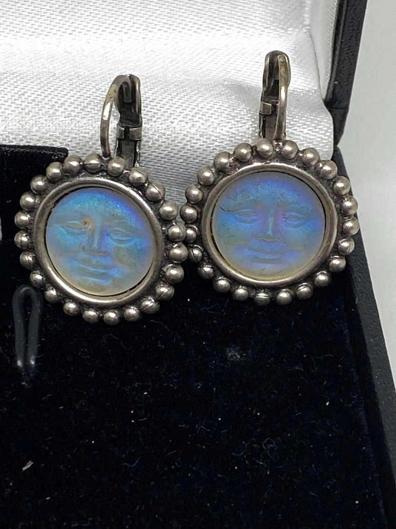 Kirks Folly Moon Face Earrings Iridescent Silvertone Leverback Signed Celestial