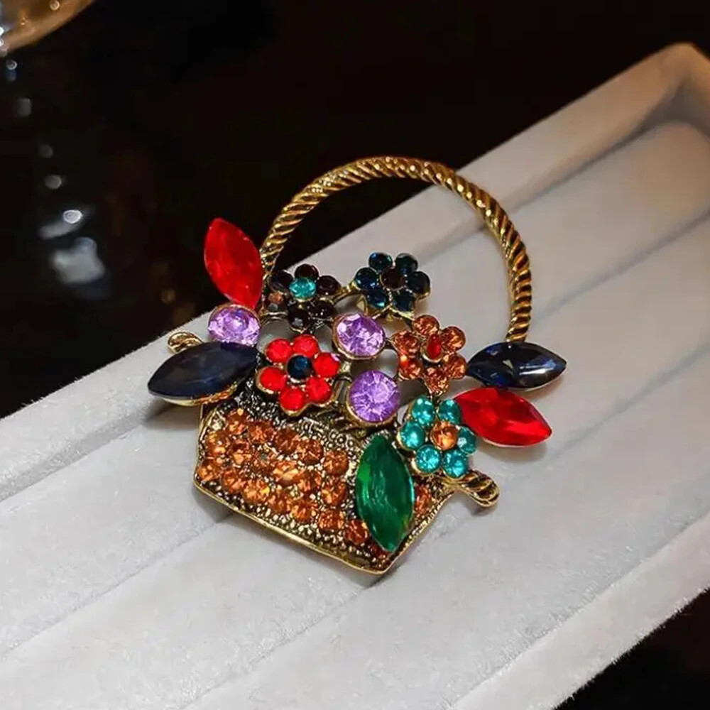 Vintage Easter Spring Flower Basket Brooch Sparkling Rhinestone Pin Jewelry Gift