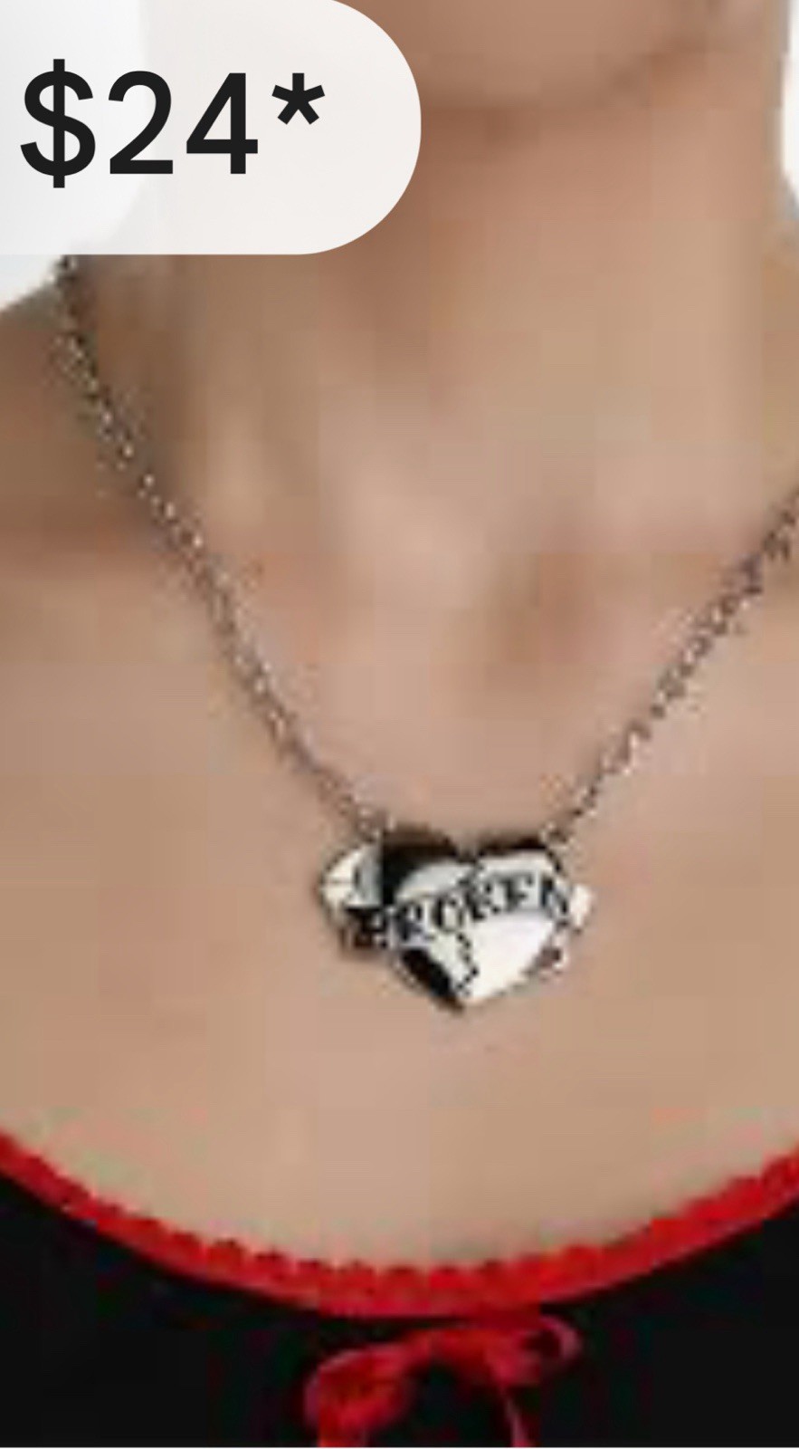 Silver Tone Cable Chain Necklace Broken Heart Charm Pendant Lobster Clasp