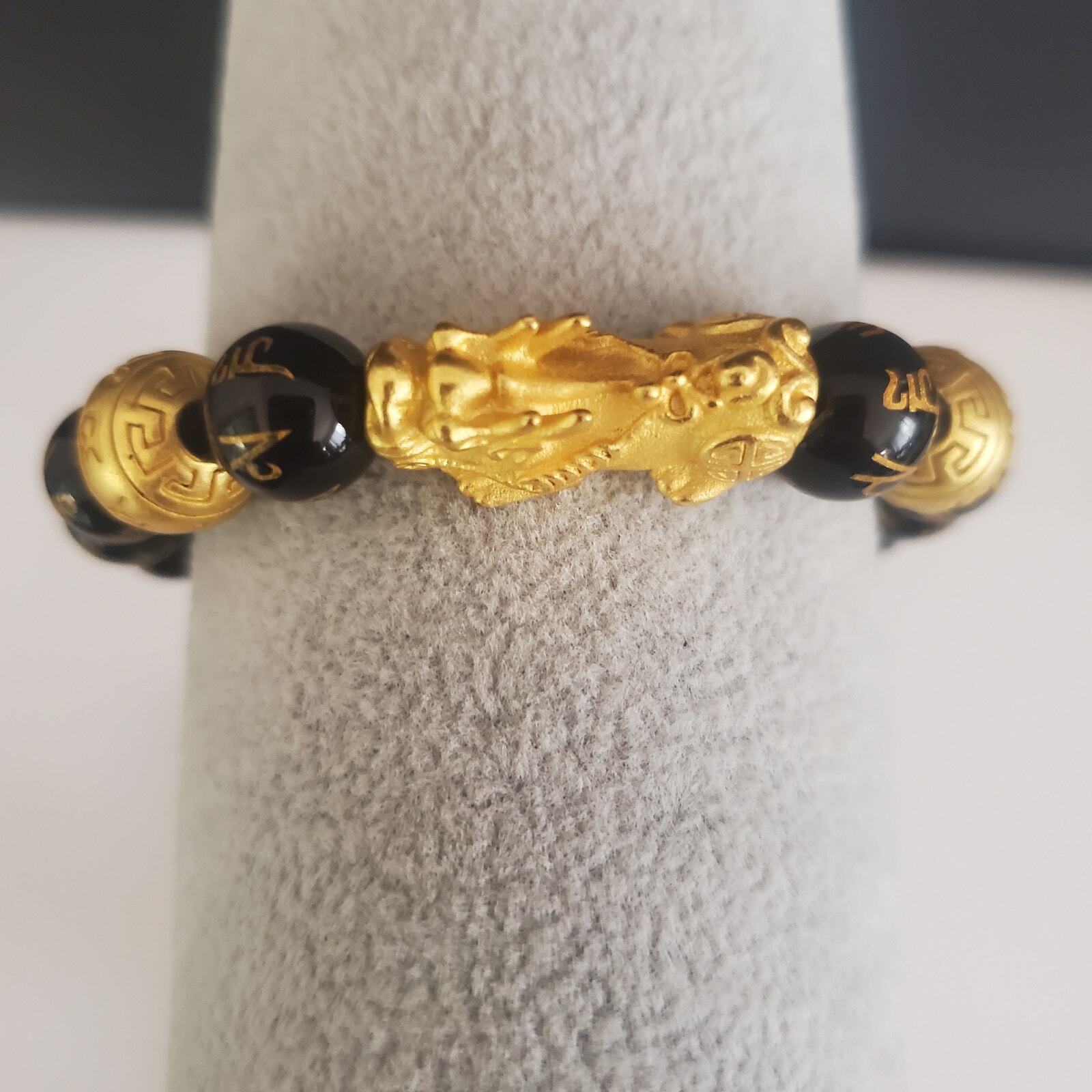 Chinese Piyao Feng Shui Dragon Pixiu Obsidian Black Beads Charm Bracelet Wealth