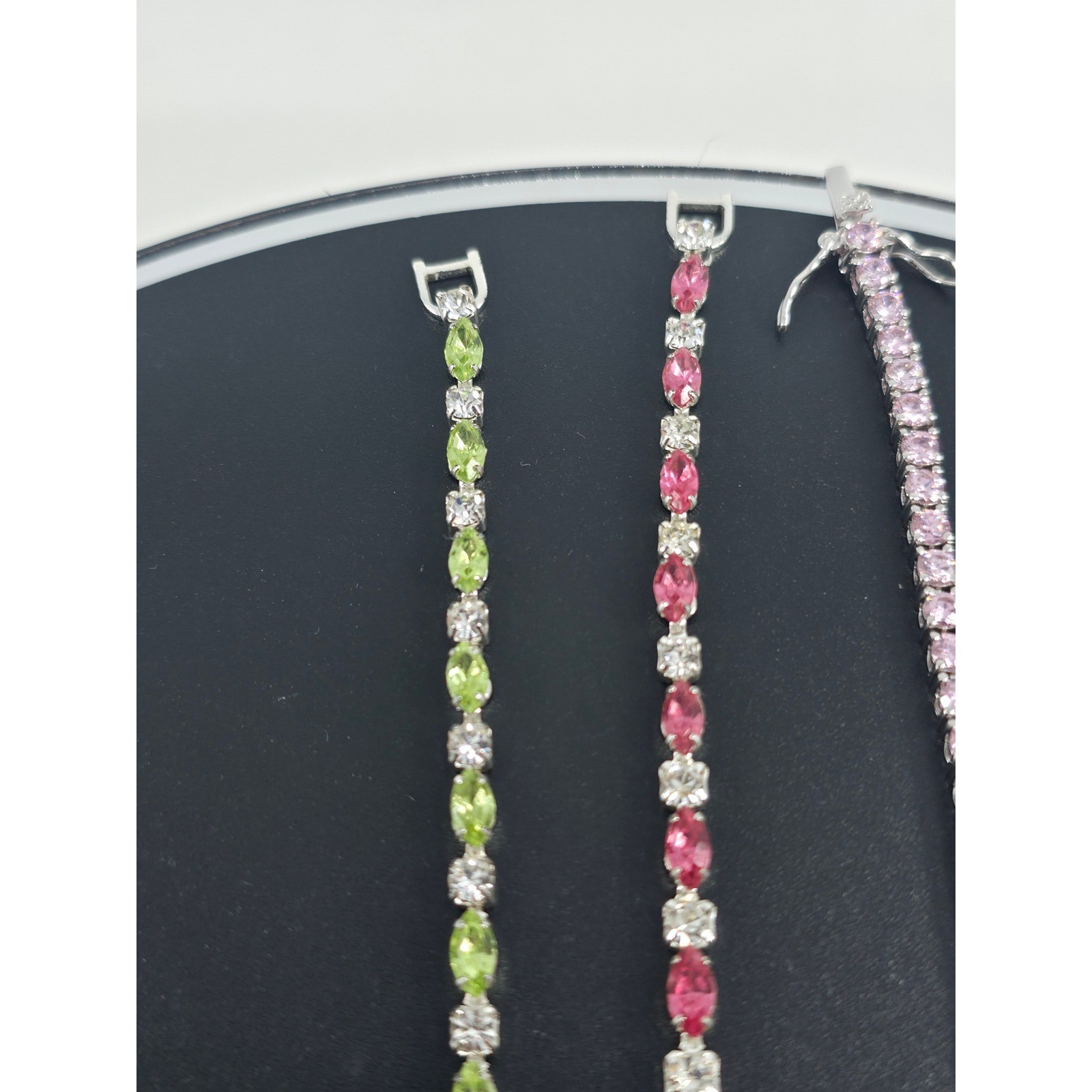 Women Silver Tone Tennis Bracelet Set 3PC Marquise Round Pink Green Stud Earring