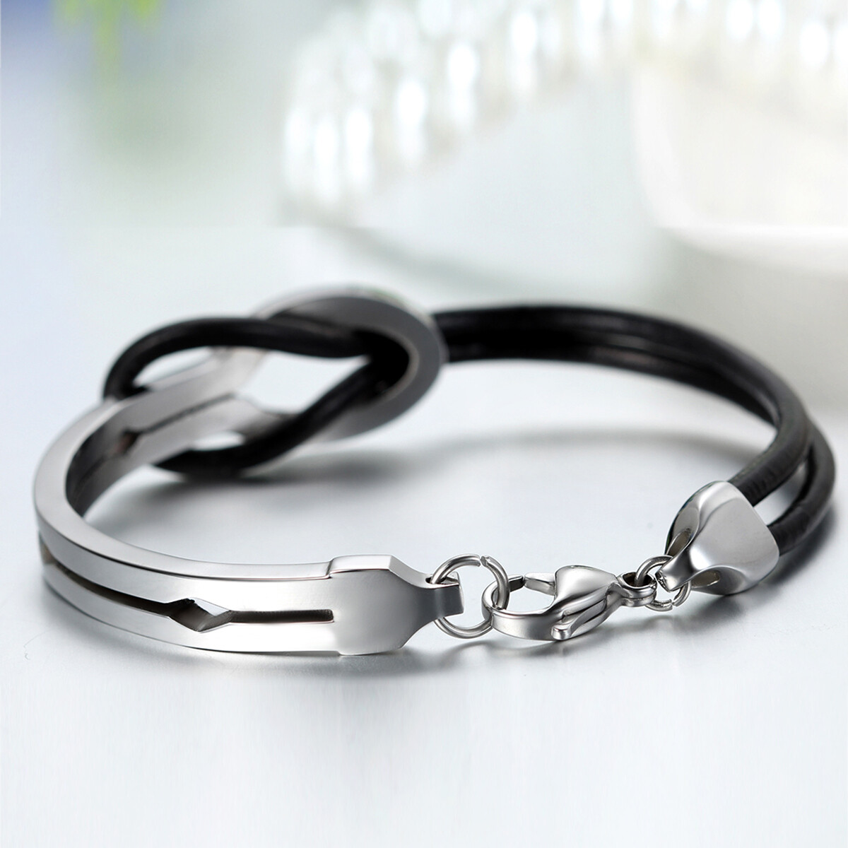 Men’s Women’s Stainless Steel Love Infinity Buckle Leather Bracelet Cuff Bangle