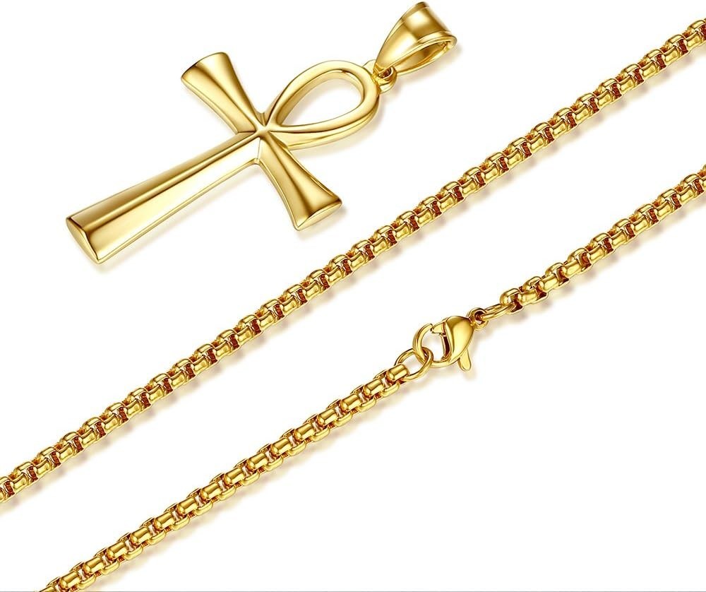 Gold-Tone Stainless Steel Coptic Ankh Cross Pendant Necklace for All Occasions