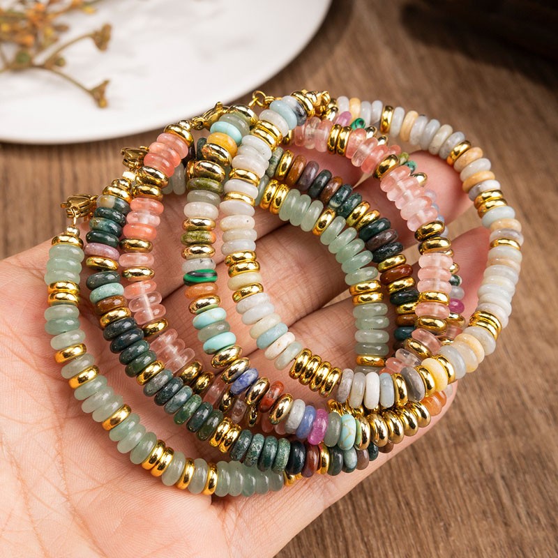 Amazonite Gem Rondelle Gold Lobster Claw Clasp Adjustable Bracelet L058