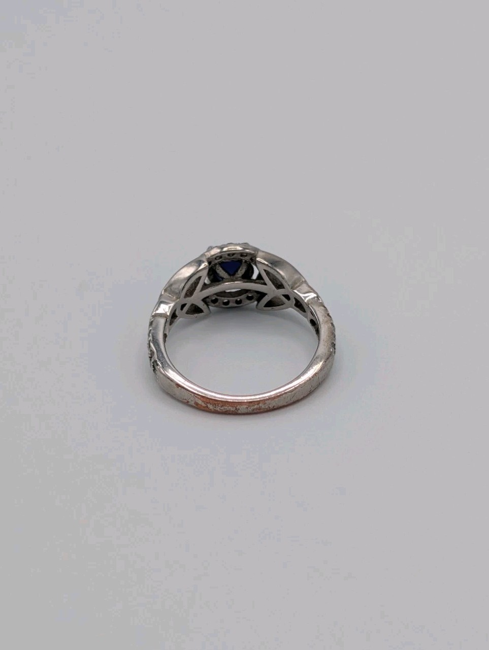 Synthetic Opal Cabochon CZ Halo Ring Trinity Celtic Band Silver Toned Plated