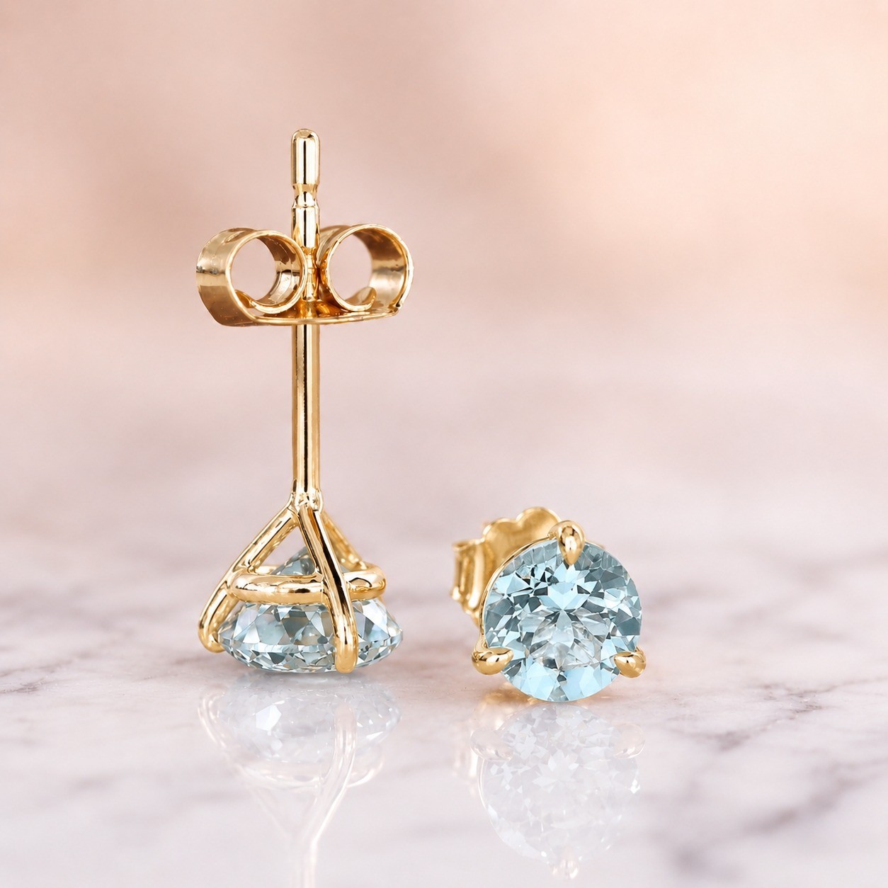 2Ctw Round Aquamarine Stud Earrings 14K Yellow Gold 3-Prong Push Back