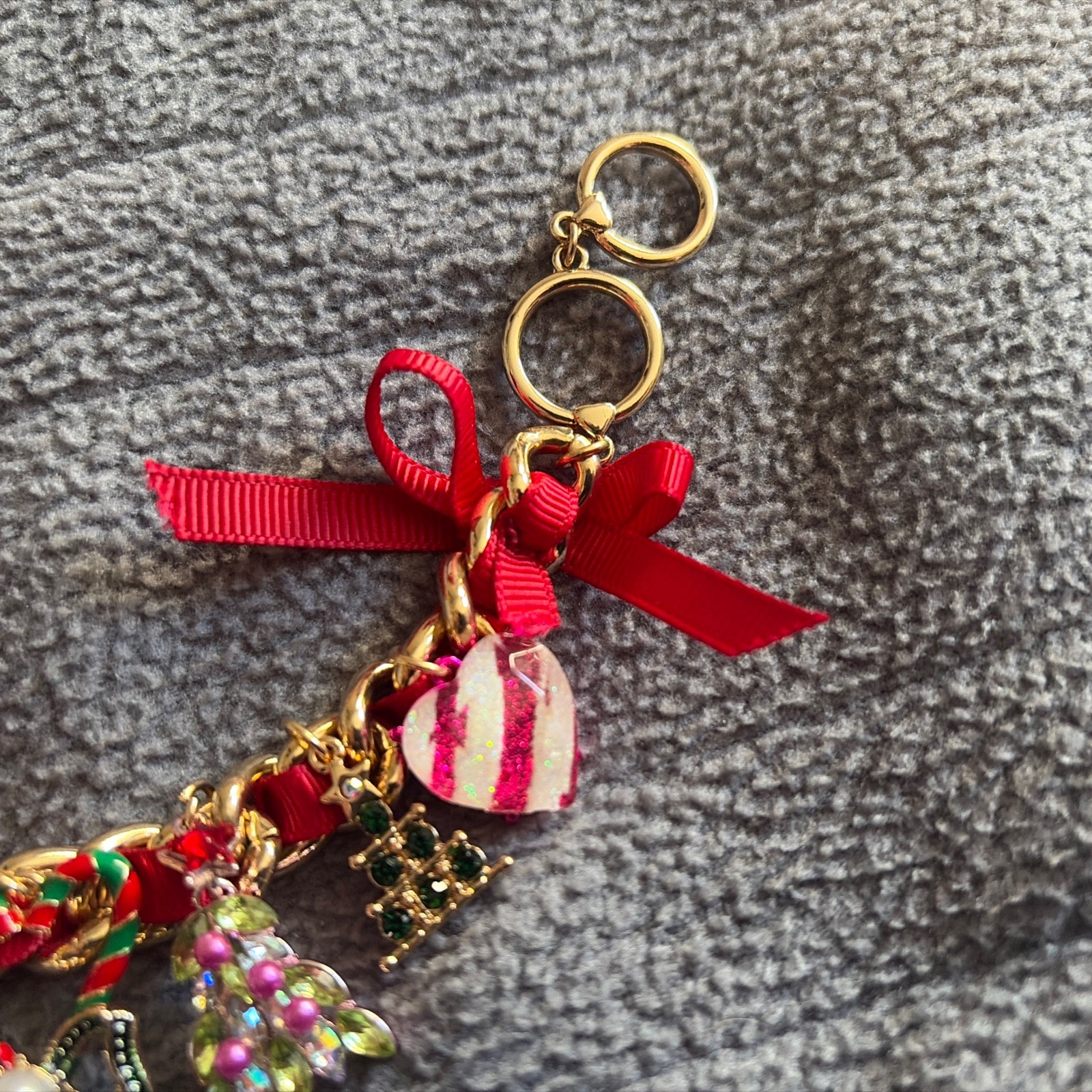 Betsey Johnson Christmas Holiday Gingerbread Tree charm bracelet red ribbon New