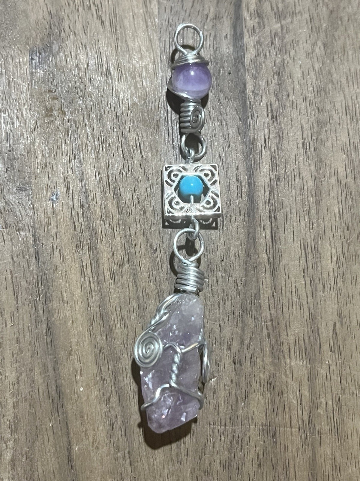 Amethyst Crystal on silver charm with Turquoise bead, Amethyst Crystal Pendant