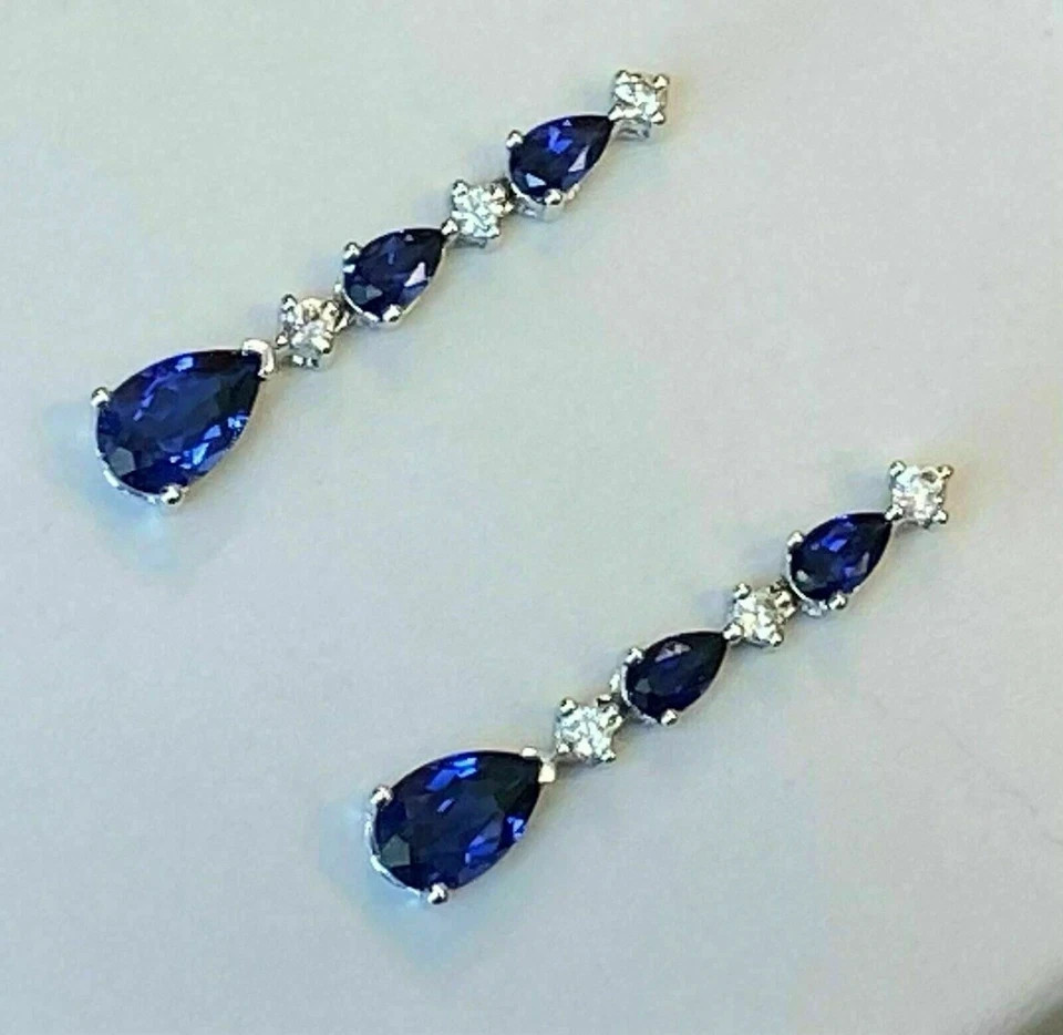 3Ct Pear Cut Blue Sapphire Diamond Drop Dangle Earrings 14K White Gold Plated
