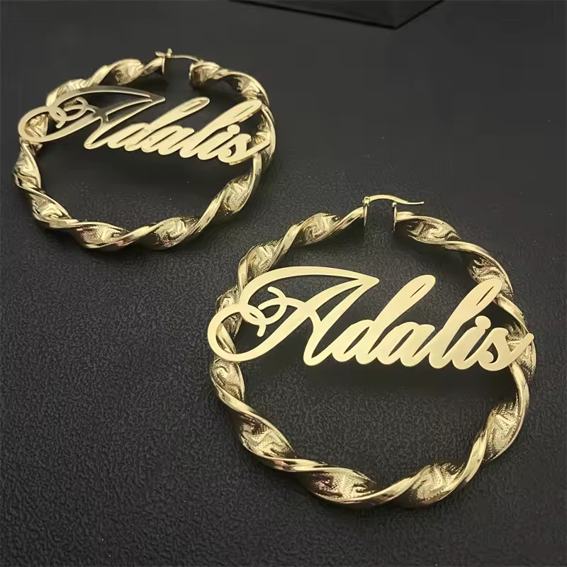 Custom Name Twist Hoop Shape Earrings Personalized Jewelry Stainless Steel Women