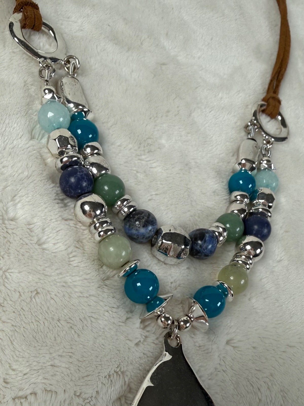 Boho Beaded Statement Necklace Brown Suede Cord Blue Green Beads Silver Pendant