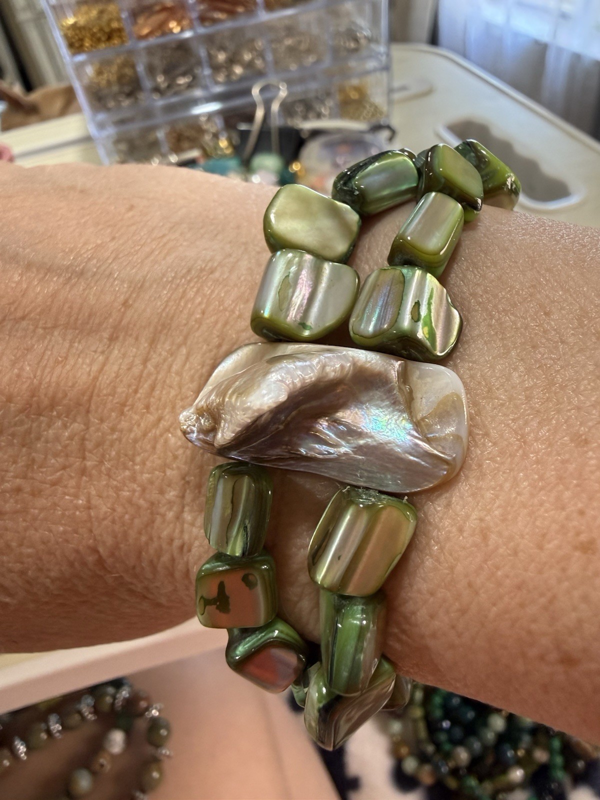 Green Mother of Pearl Double Wrap Bracelet | Handmade Bracelet | Stretchy