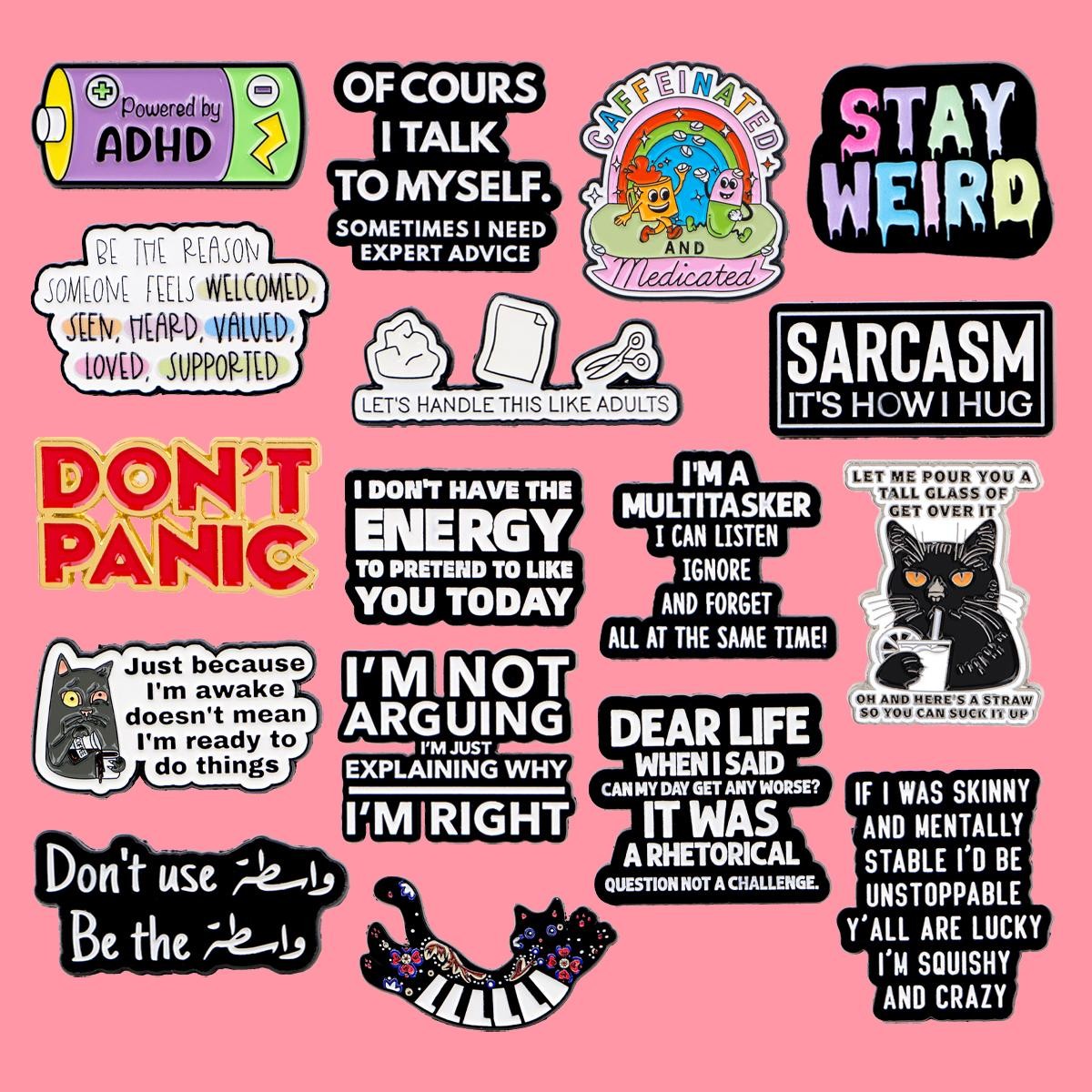 Funny ADHD Quote Enamel Pin Cartoon Cat Brooch Lapel Badge Gift Jewelry