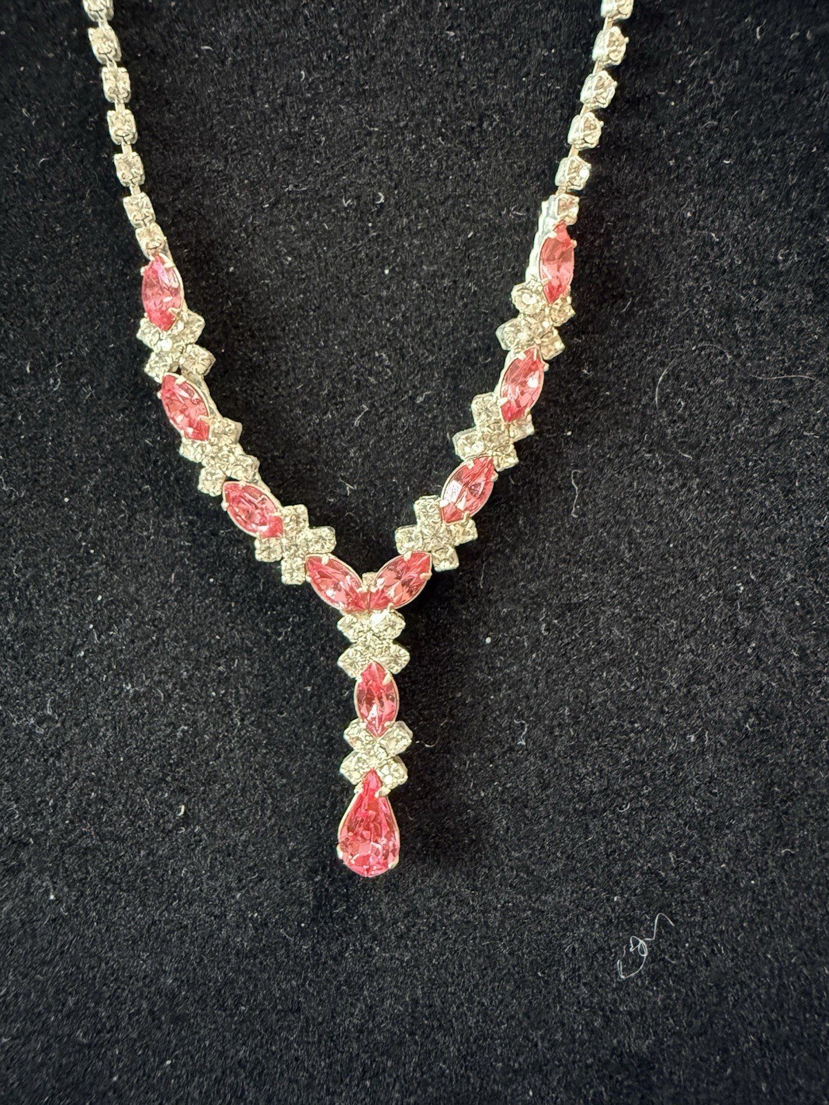 Vintage Pink Teardrop Crystal Drop Pendant Necklace and Earrings