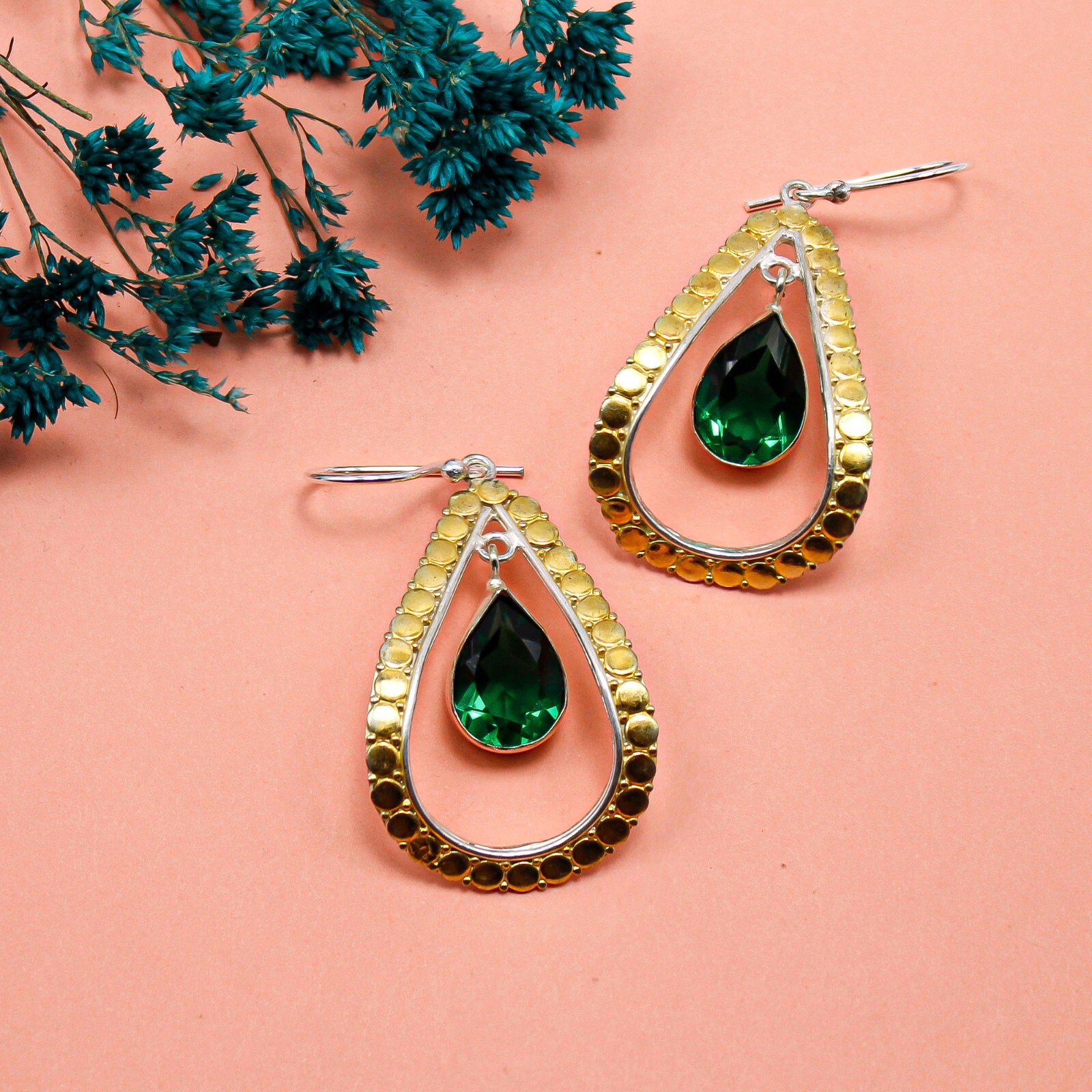 Emerald Gemstone Jewelry 925 Sterling Silver Handmade Jewelry 2.27″ For Women