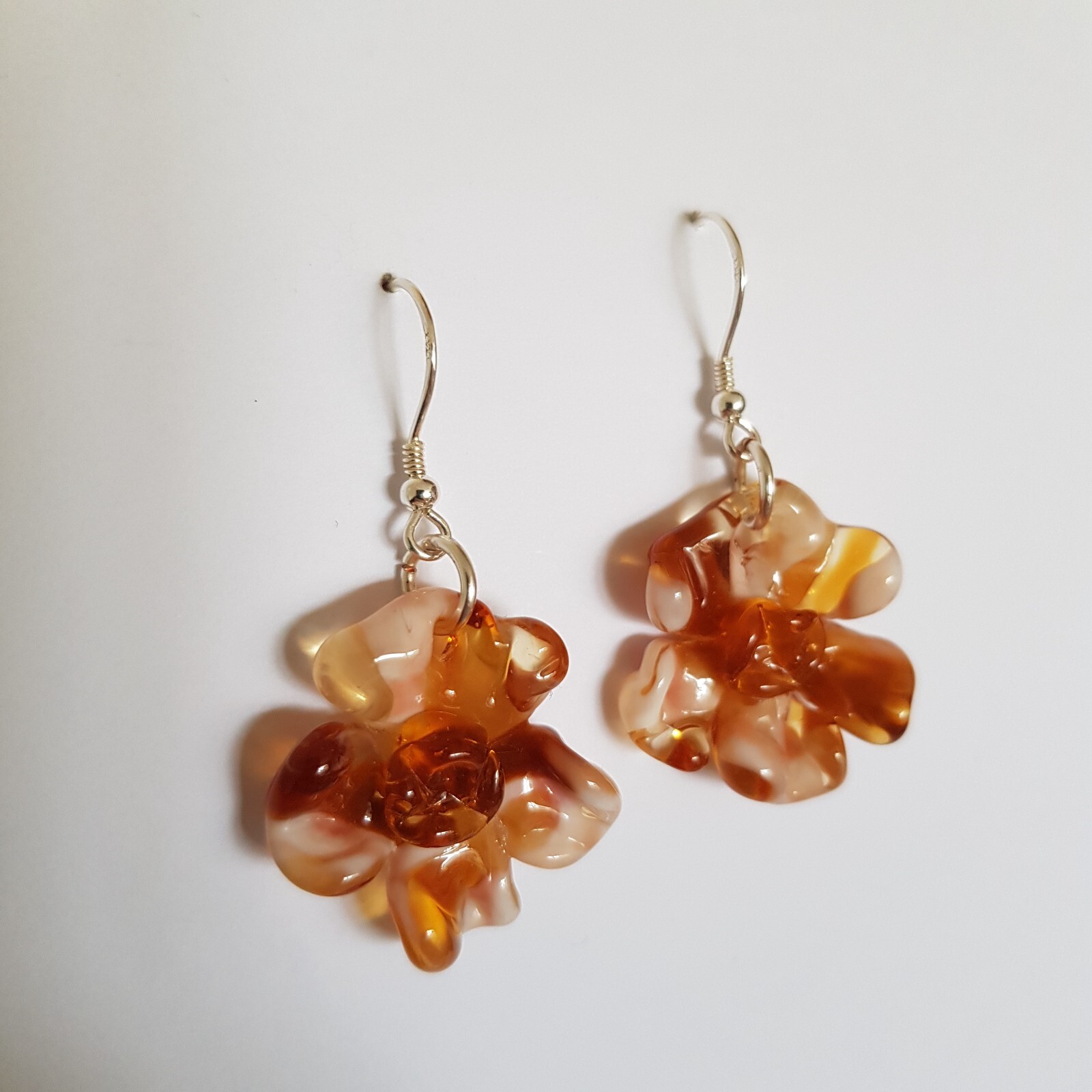 Dangle Drops Earrings Flowers Tea Brown Colors Murano Glass 925 Silver Hooks