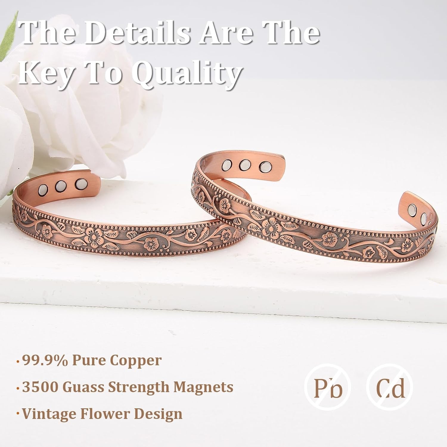 99.9% Pure Copper Magnetic Bangle Bracelet – Adjustable Vintage Floral Design
