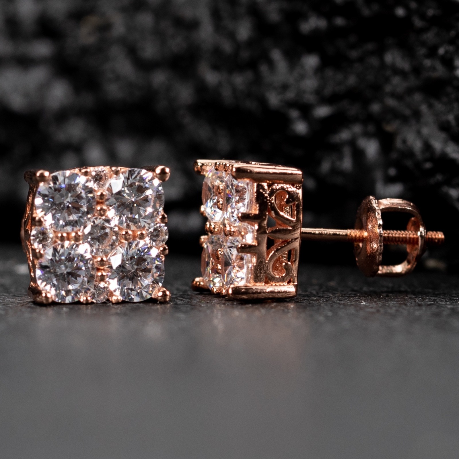 Rose Gold 925 Sterling Silver Square Flower Set Iced Cz Cluster Stud Earrings