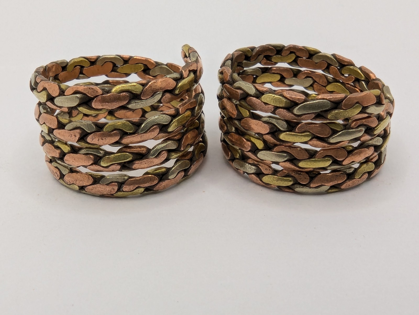 Tibetan Three Metal Coil Rings. Brass, Copper & Silver Tone Metals. Pair Of 2